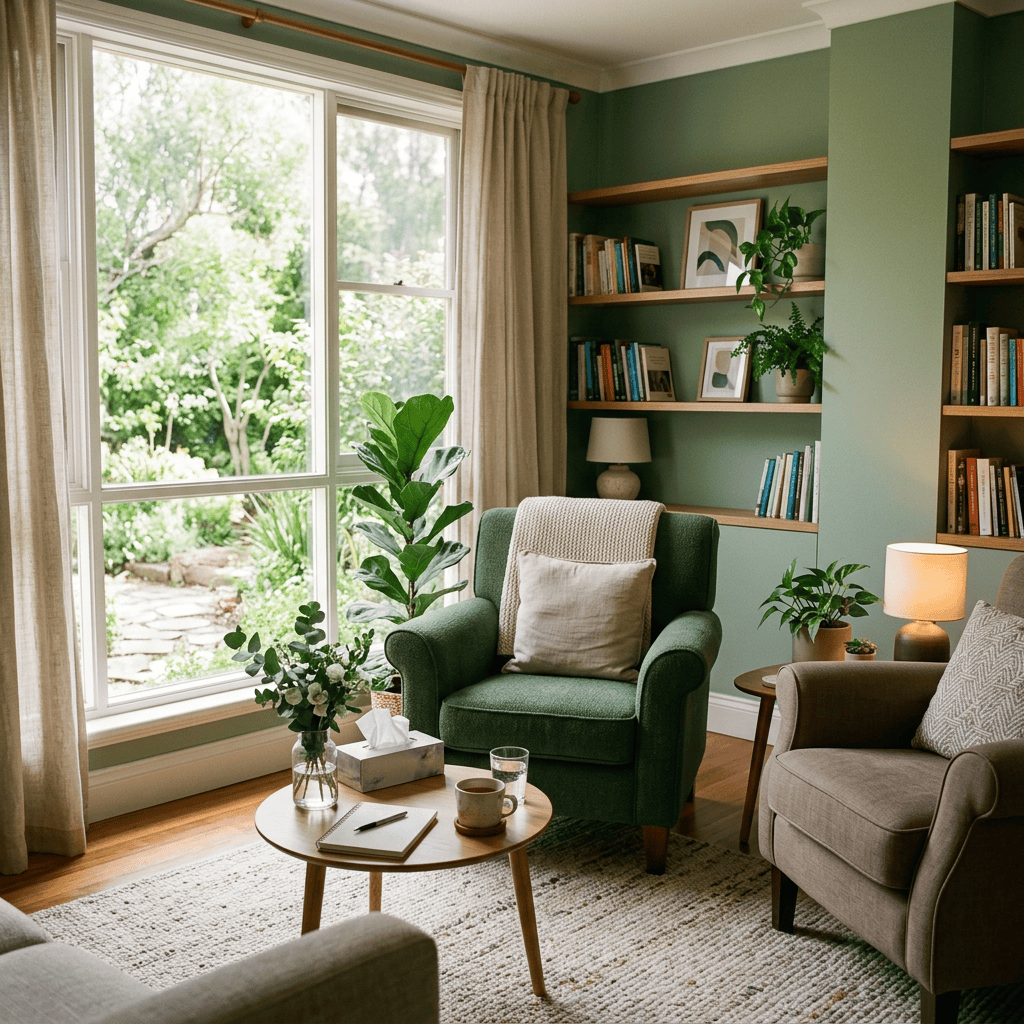 Living room corner with green armchair, beige armchair, wooden table, plants, and bookshelves